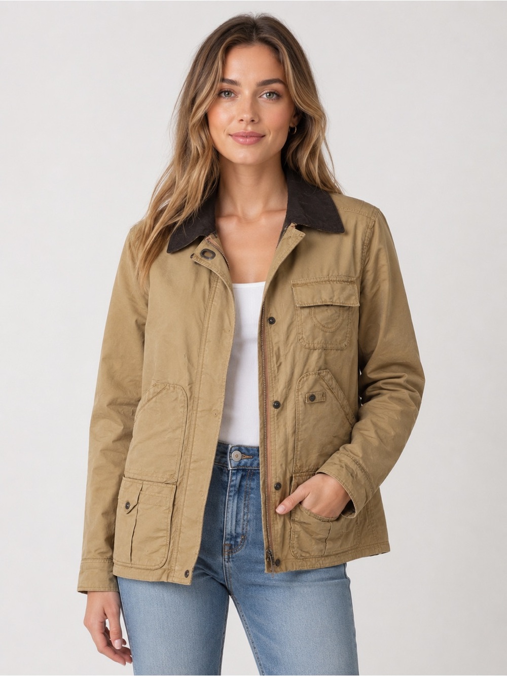 Hunter Rain Water Resistant Chore Coat Barn Jacket Camel Tan brown collar size 6